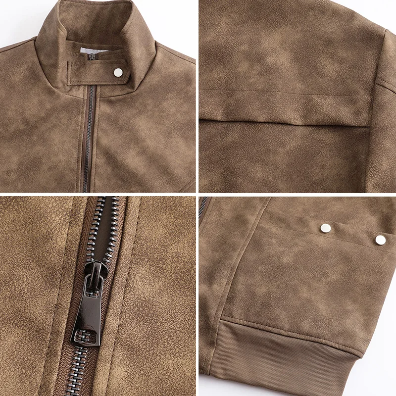 ربيع جديد الرجال الأمريكية خمر تفكيك المتعثرة الجلود دراجة نارية سترة الوقوف طوق البيسبول معطف الطيار منفذها #5