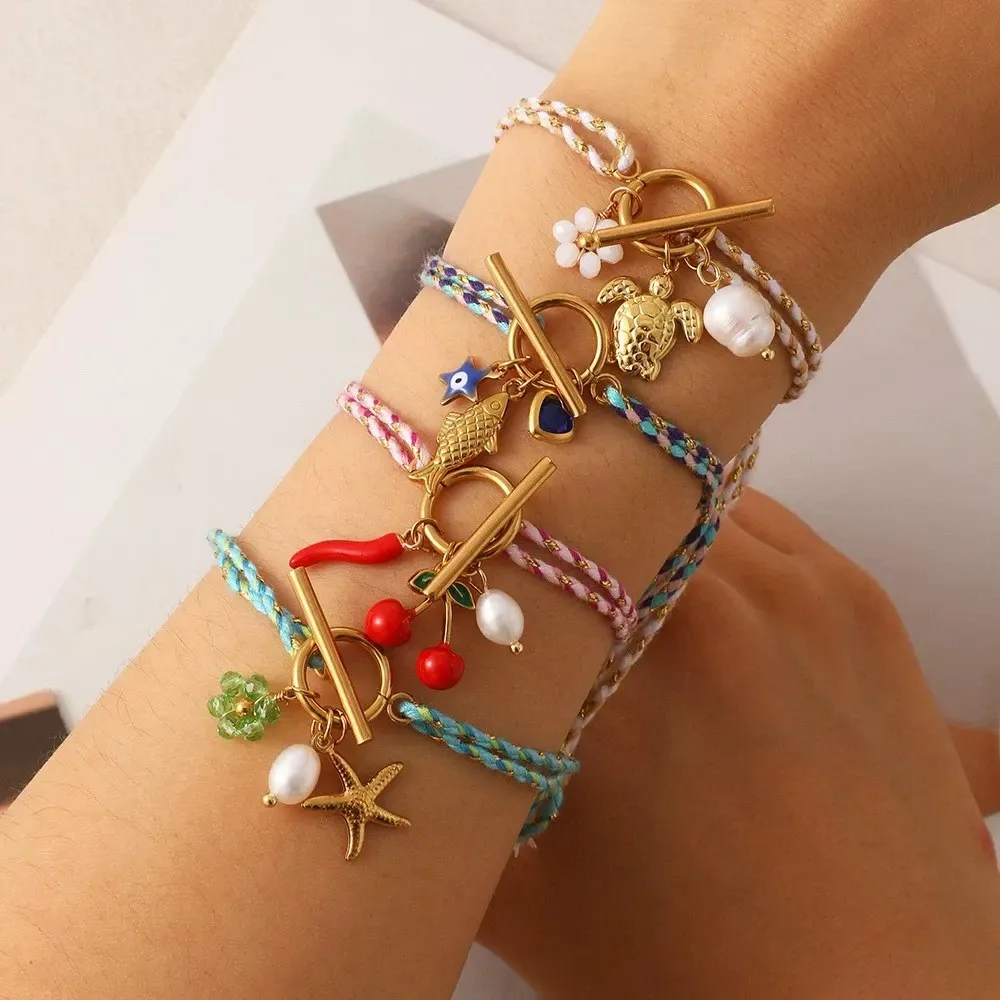 Buntes handgefertigtes Kordel-Armband mit Fisch- und Meeresschildkröten-Anhänger, niedlicher Seestern, Perle, verstellbares handgemachtes Seildesign, Schmuckgeschenke für Frauen