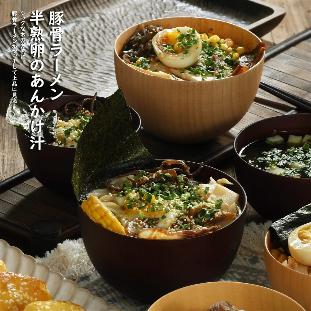 Japanese Style Nature Wooden Bowl Soup/Salad Rice Bowls Tableware Household Basin Fruit Plate Pretty Bowl Utensils for Kitchen