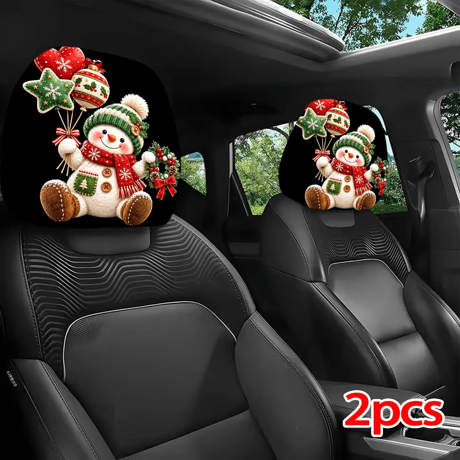 Christmas Snowman Car Headrest Covers 2pcs Universal Elastic Fit Interior Decor for Festive Driving