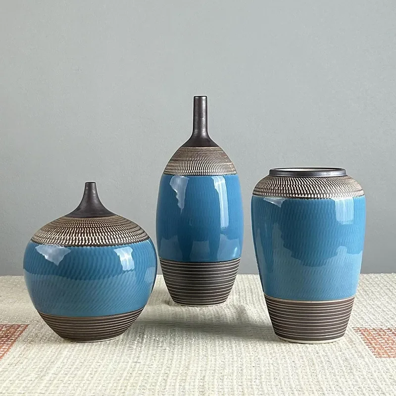for Jingdezhen Ceramic Vase Retro Three Piece Set Flower Arrangement Pottery Utensils Home Decoration Model Room Ornament