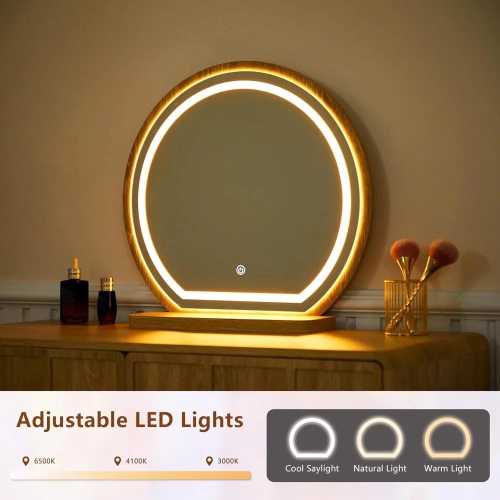 مكتب الغرور المموج الخشبي المعاصر مع مرآة مضيئة وتخزين المكياج والخلع الملابس #4