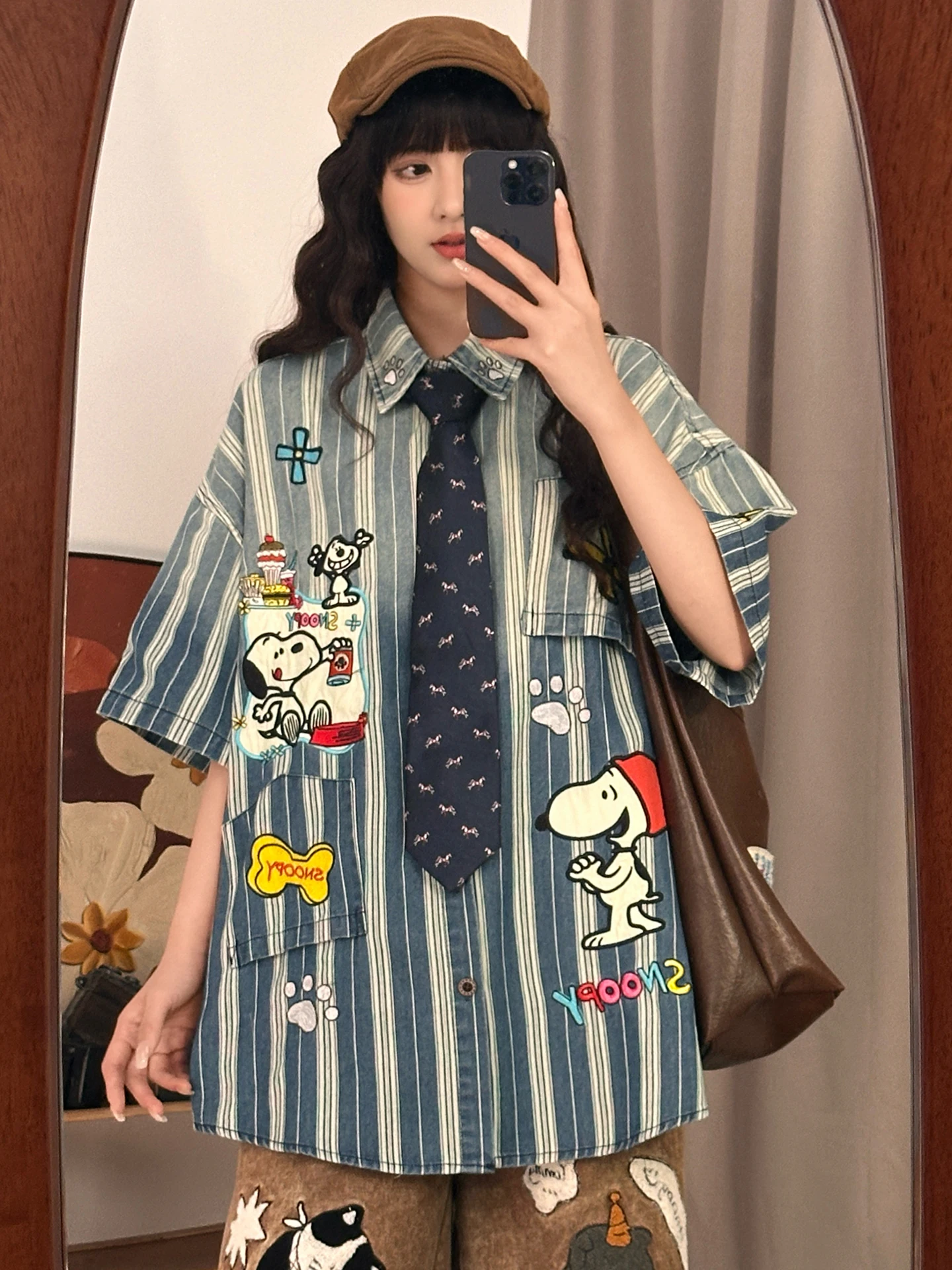 

SOLDOUT Original American Retro Cartoon Dog Embroidery Striped Loose Women's ort Sve Denim irt Trendy Street Sle Cotton