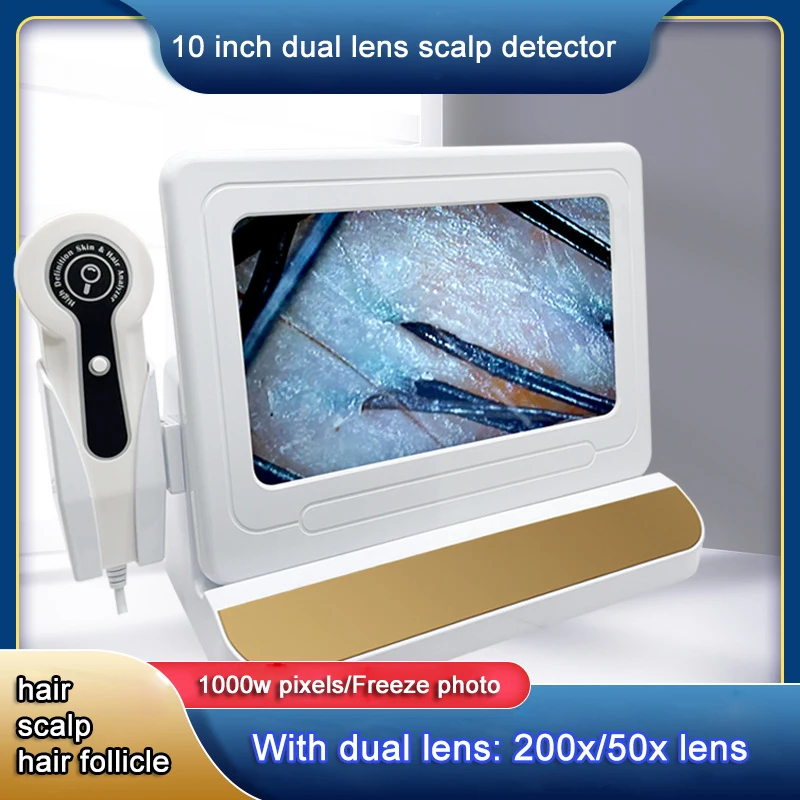 10-Zoll-LCD-Kopfhautdetektor, digitales Haar-Hautanalysator-Mikroskop zum Testen von Haarfollikeln und zur Hautanalyse, Lupe 50/200X
