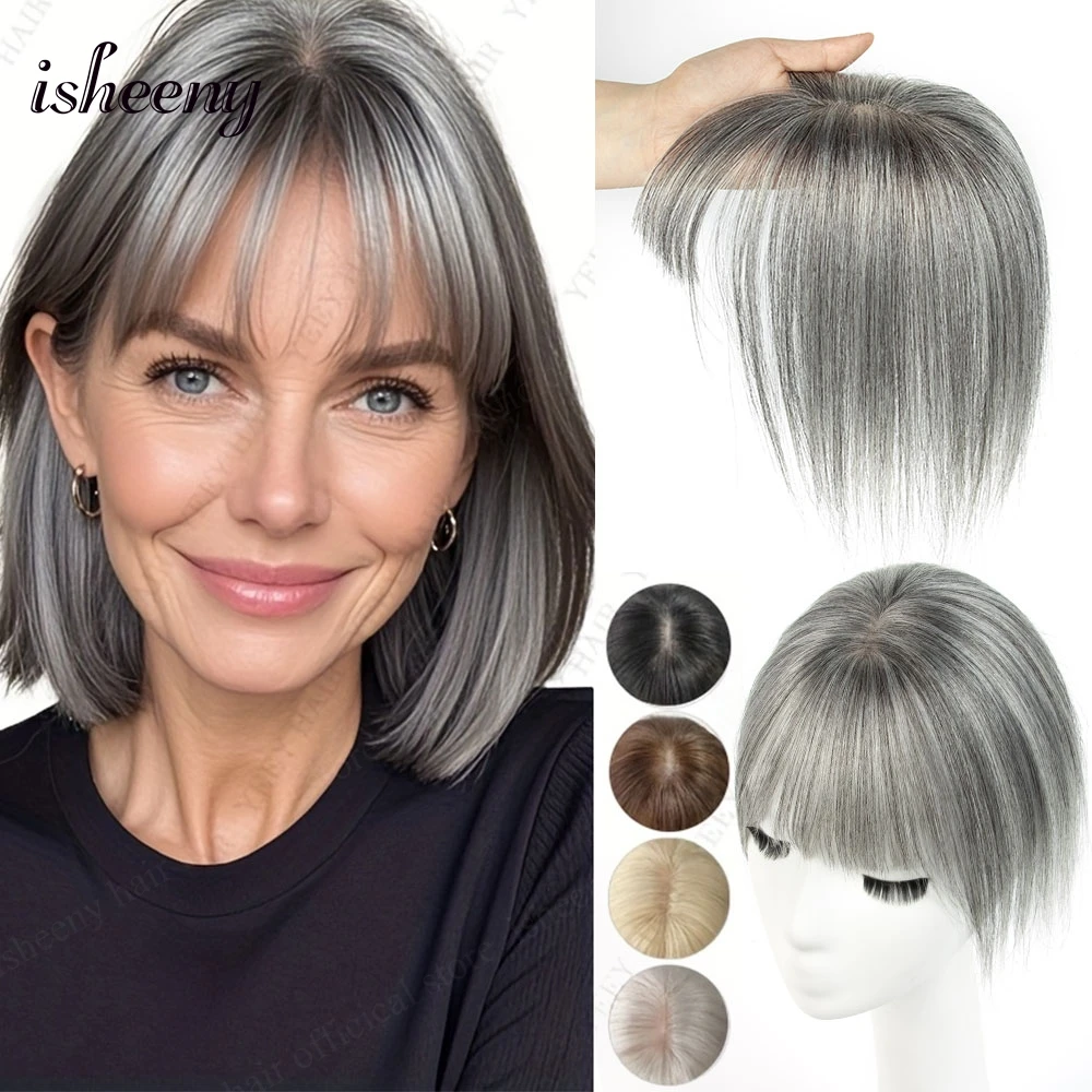 

Isheeny Натуральные невидимые человеческие волосы 8-14 дюймов 3D челка для волос Топпер Гры смешанный черный цвет волос 5x9 см сетка для основы волос