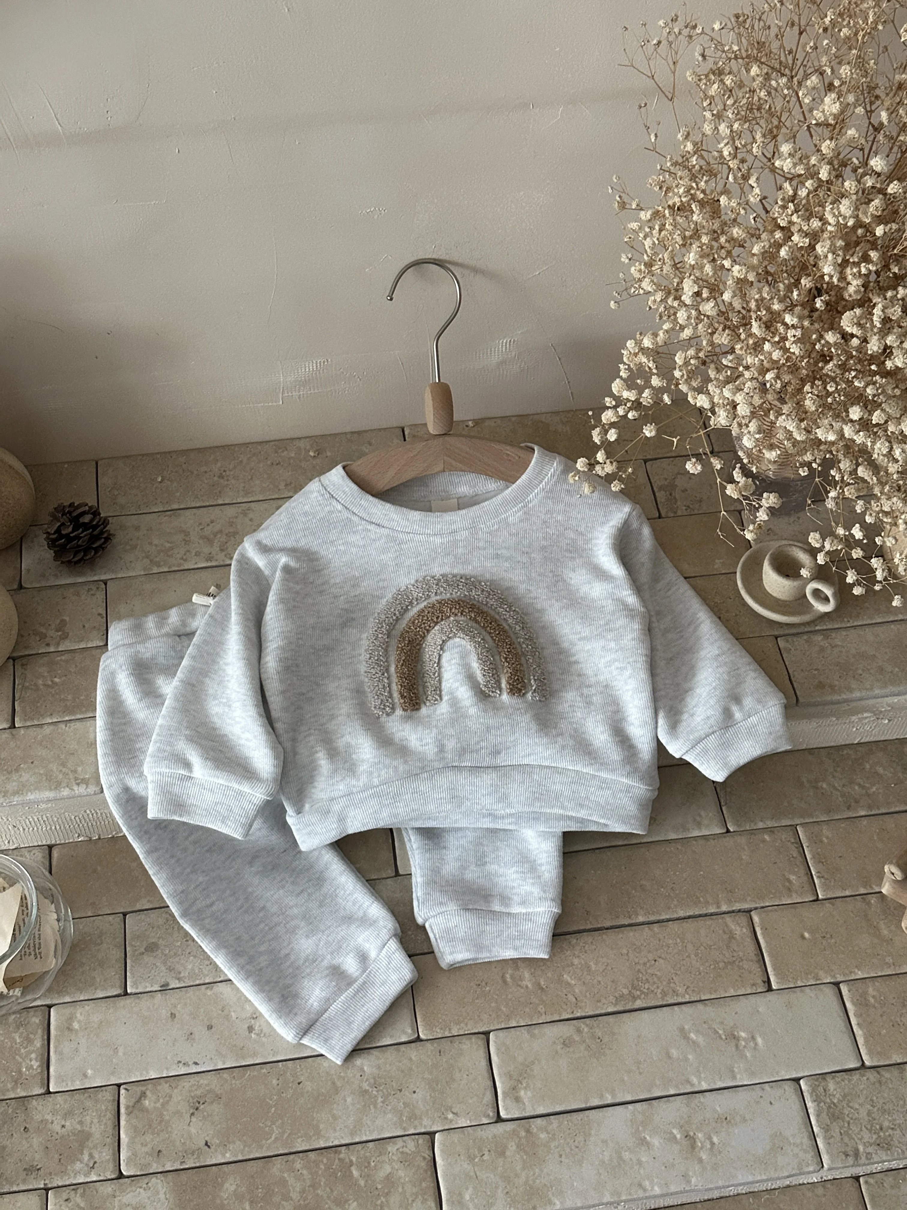 Vintage Brown Rainbow Applique Infant Clothes Set Waffle Knit Long Sleeve Top Elastic Waist Pants Unisex Spring Daily Wear