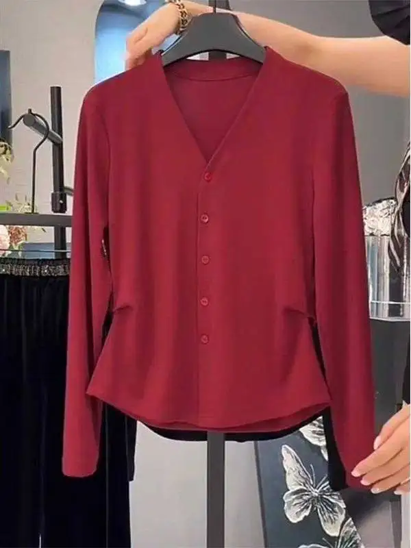 

plus Size Women's Long Sleeve Pure Color Open Cardigan Slimming Thin Style V-Neck T-Shirt Spring Autumn Seasonal Wear