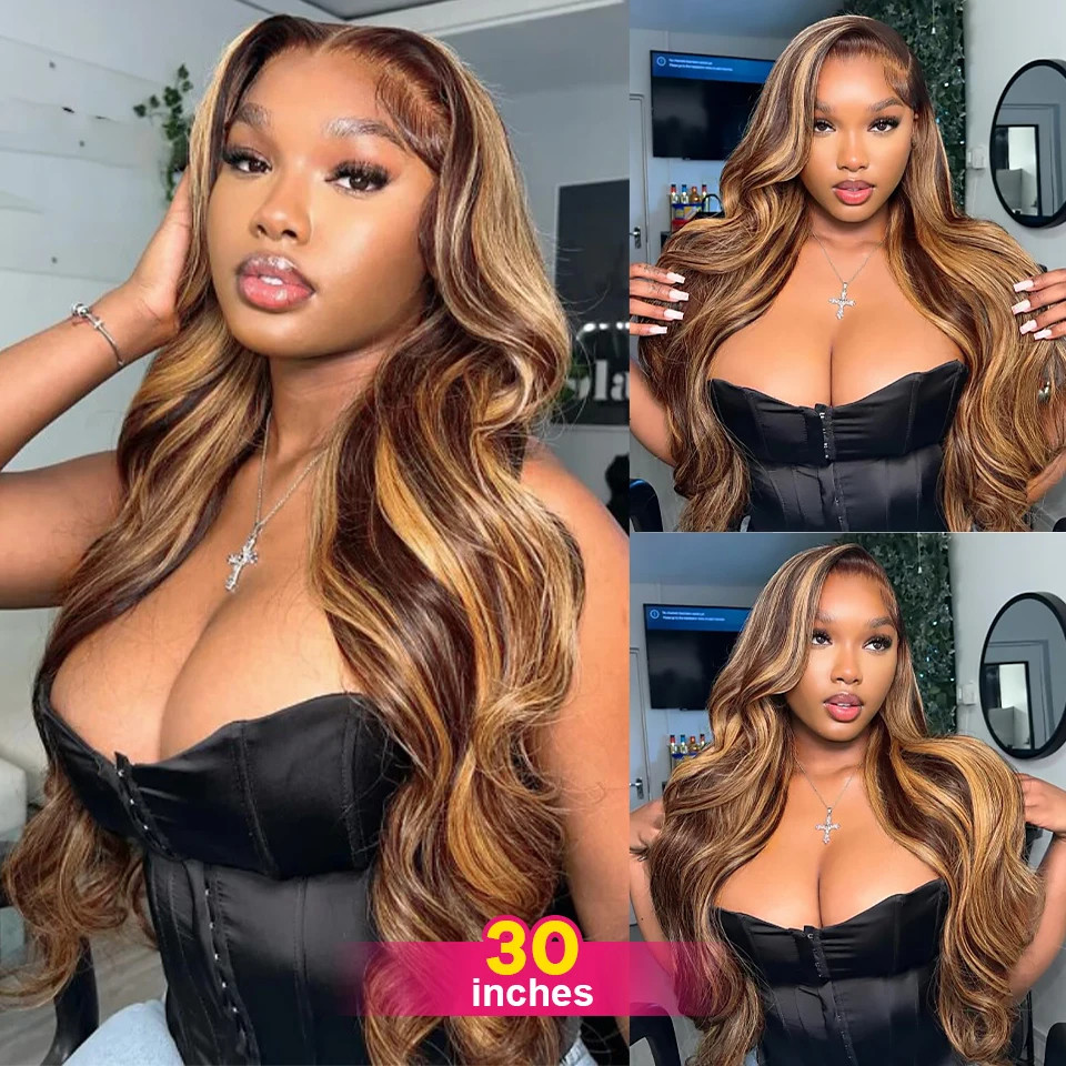 Highlight Colored  Body Wave 13x6 Lace Frontal Human Hair Wigs Honey Blonde 13X4 HD Transparent Lace Front Wig For Women