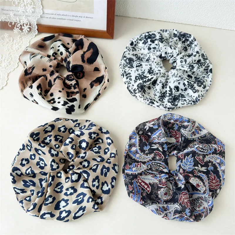 

New Print Hair Scrunchies Women Vintage Oversized Satin Elastic Head Bands Flower Leopard Hair Ropes Ponytail Holder Headwear
