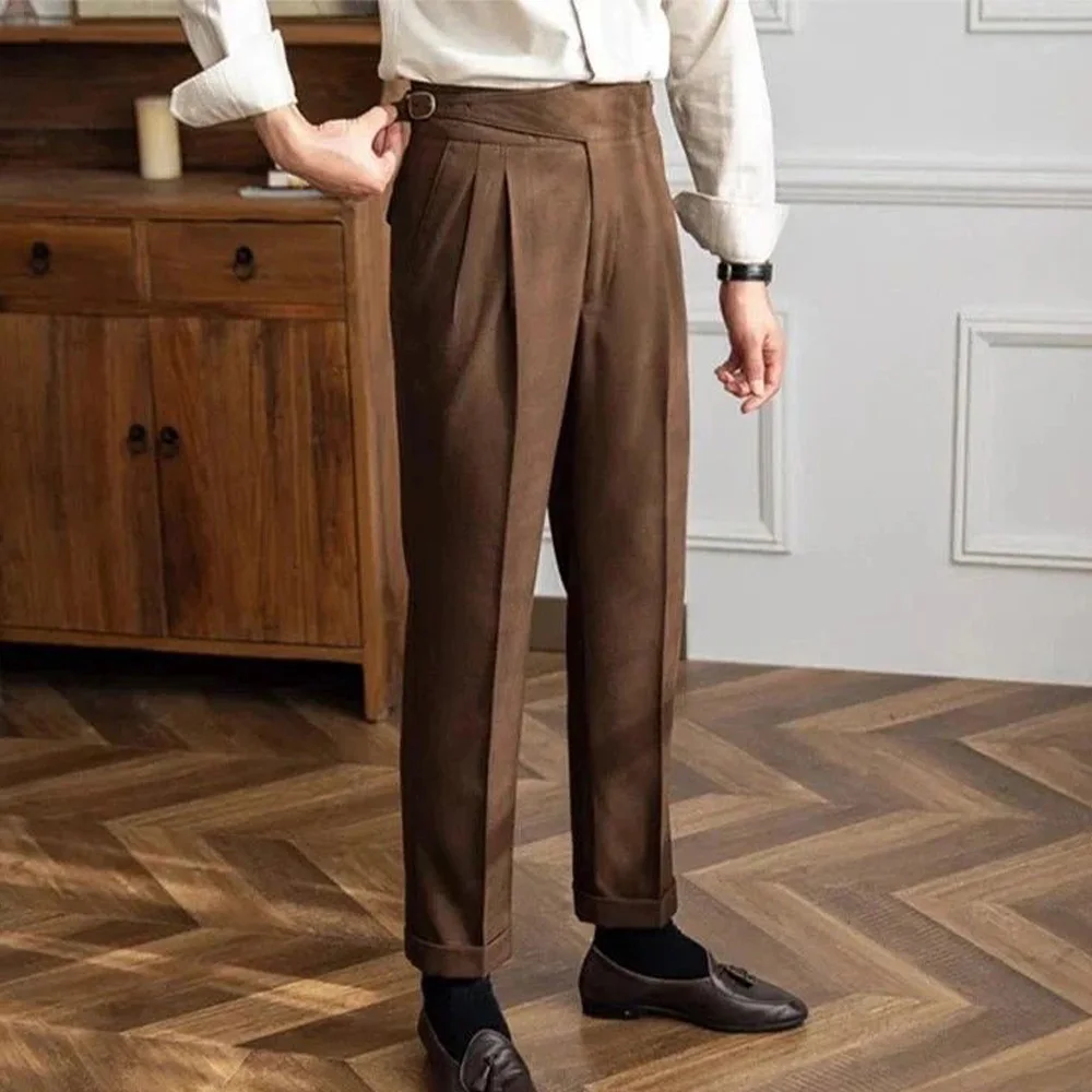 

Мужские классические брюки из полиэстера, плиссированные прямые брюки с петлями для ремня, однотонные классические деловые офисные рабочие брюки f