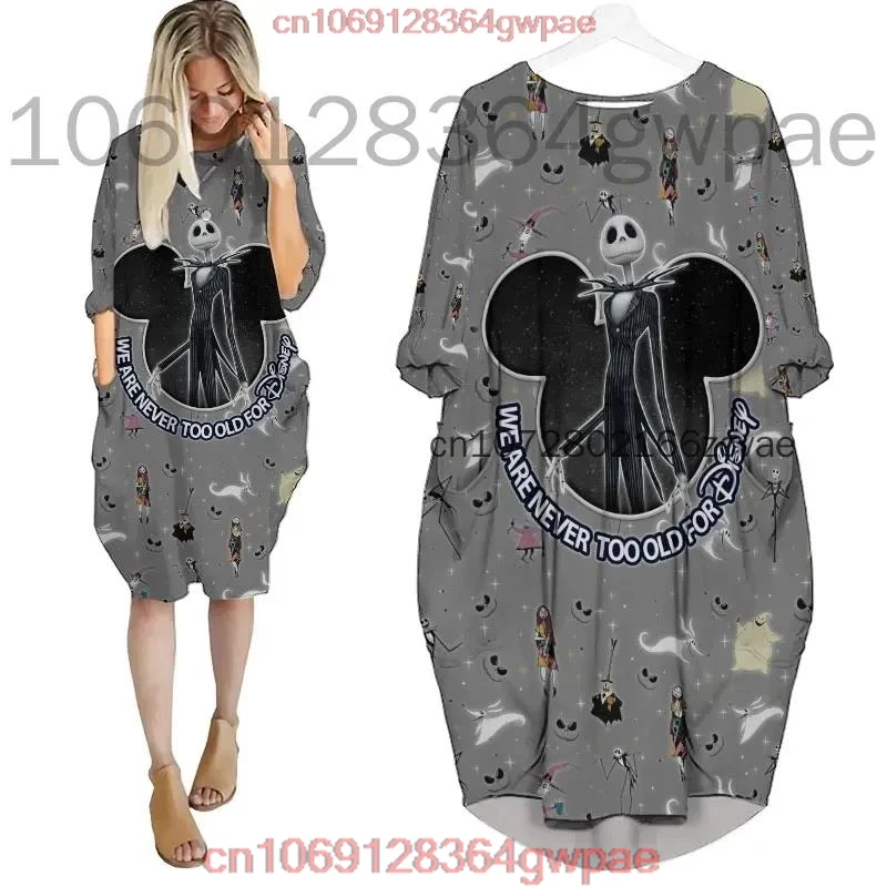 Jack Skellington Oversize Long Sleeves Dress Disney Cartoon Batwing Pocket Dress Women\'s Fashion Versatile Loose Party Dress