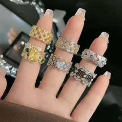 New Luxurious Retro Lace Hollowed Out Thickened Copper Opening Rings for Women French Sophistication Full of Rhinestone Rings