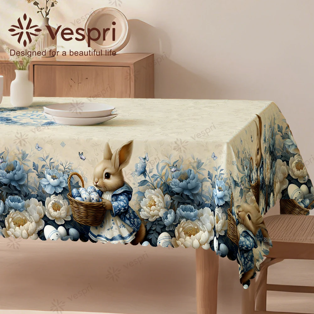 Vespri Easter Tablecloth Decor with Rabbit Flower Butterfly for Restaurants Parties Round Rectangle Oval White Blue