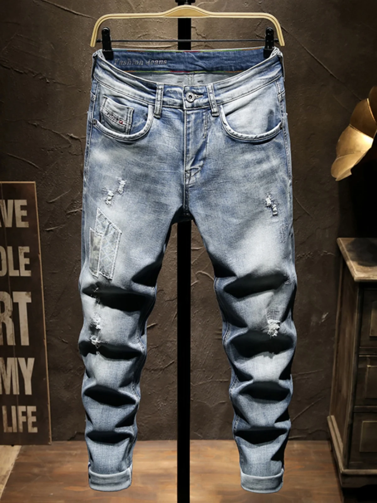 

Мужские джинсы Slim Fit премиум-класса с нашивками, винтажные, модные, брендовые, с эффектом потертости, средней посадки, из хлопкового стрейч-денима, повседневные