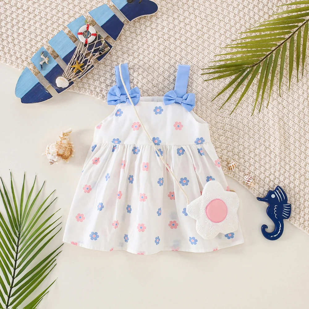 Summer Beach 2/Piece Set Baby Dress Bag Girl Flower Print Sweet Two Bow Decoration Suspender Dress