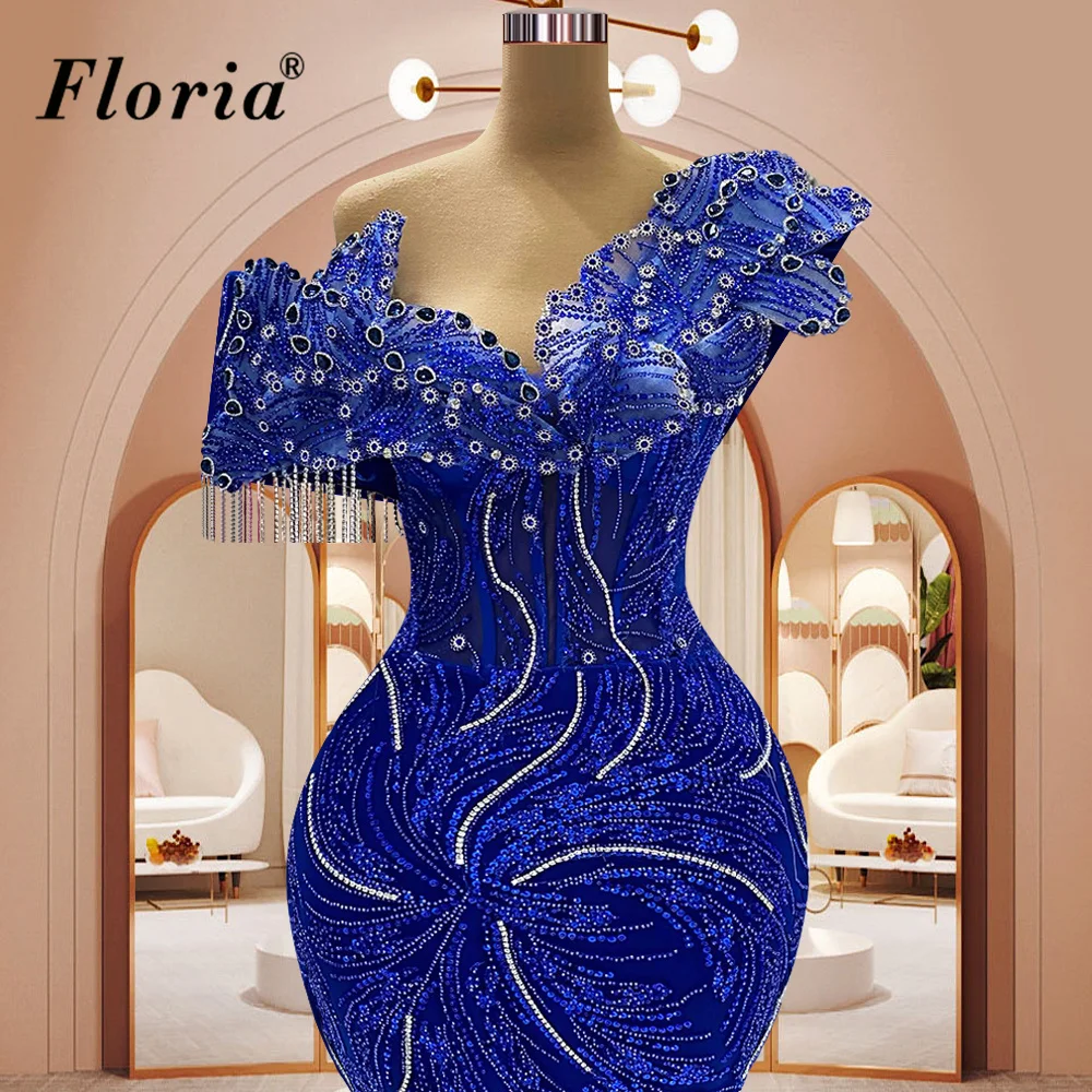 Royal Blue Beaded Celebrity Dresses With Crystals One Shoulder Red Carpet Runway Dresses For Women Vestidos De Noche Prom Gowns