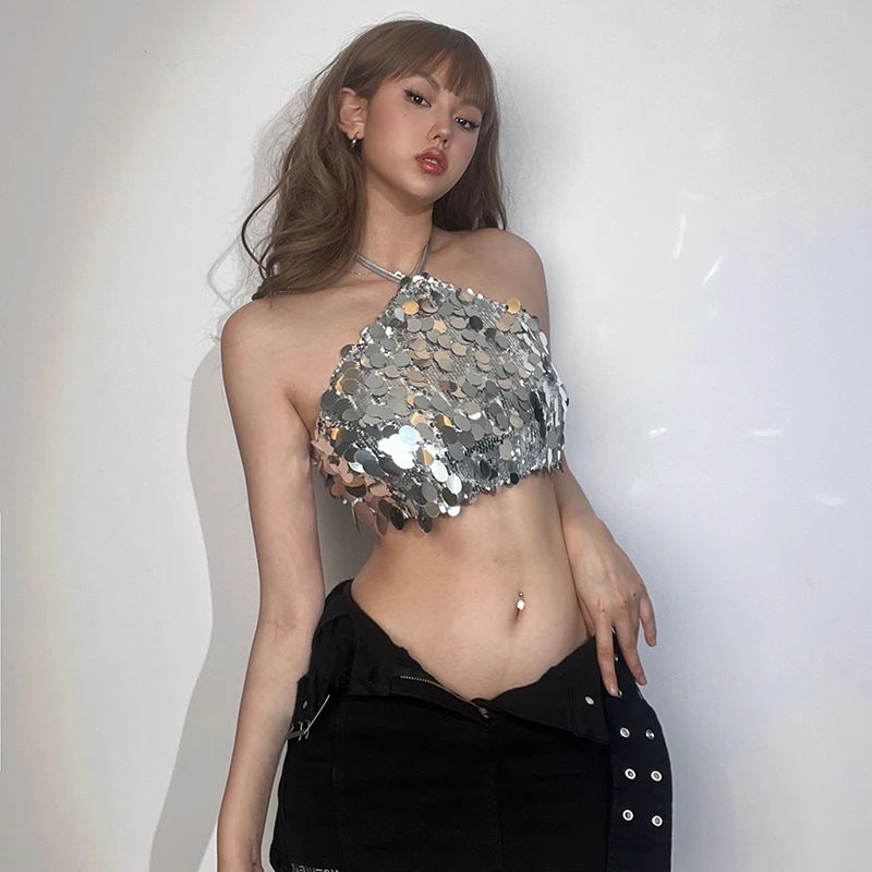 

Designer Sexy Night Club Style Halter Sequin Design Sense Small Sling Slim Slimming Super Short Top