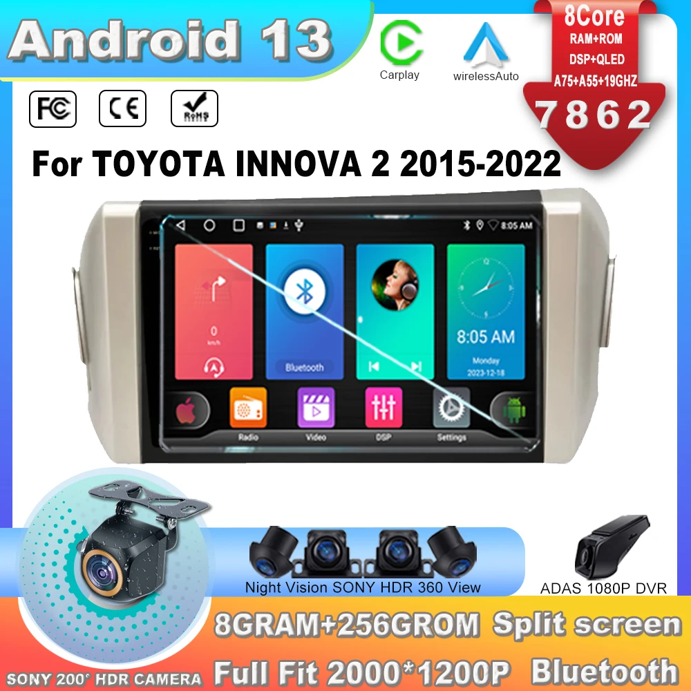

Автомагнитола на Android 13 для TOYOTA INNOVA 2 2015-2022 7862CPU мультимедийный плеер AutoCarPlay стерео система GPS сенсорный экран no 2din