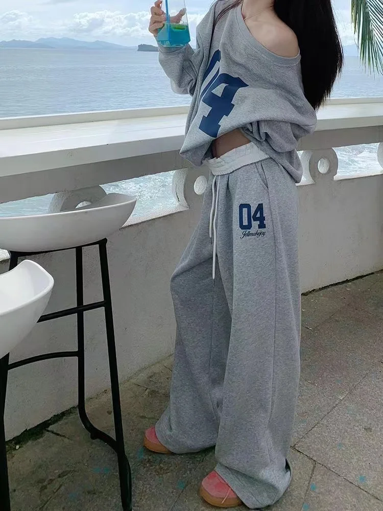 

Oversized Letter Print Gray Hoodie Two Piece Set Korean Casual Long Sleeve Off Shoulder Sweatshirt+Wide Leg sweatpants Tracksuit