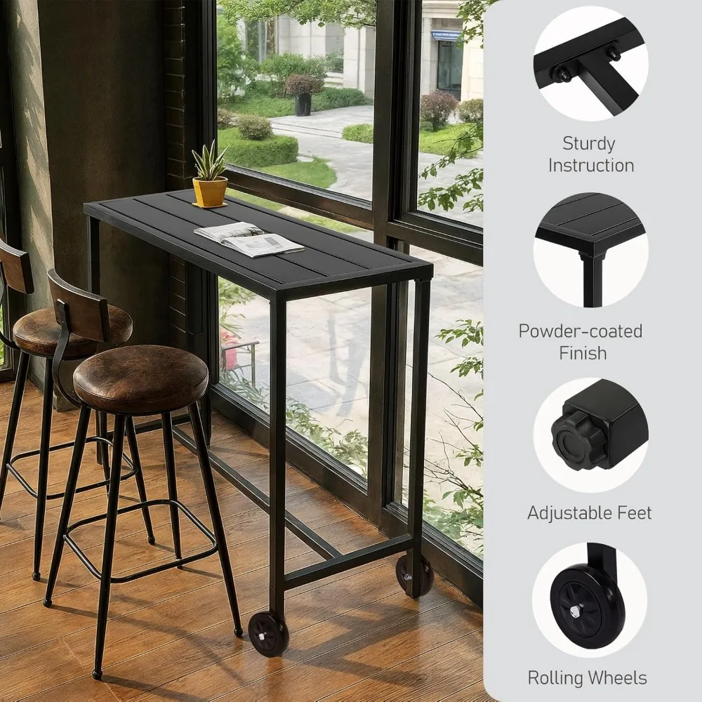 Outdoor Bar Table, 37" Height Wheeled Patio Pub Table with Waterproof Frame and Adjustable Foot for Hot Tub, Patio, Backyard, B