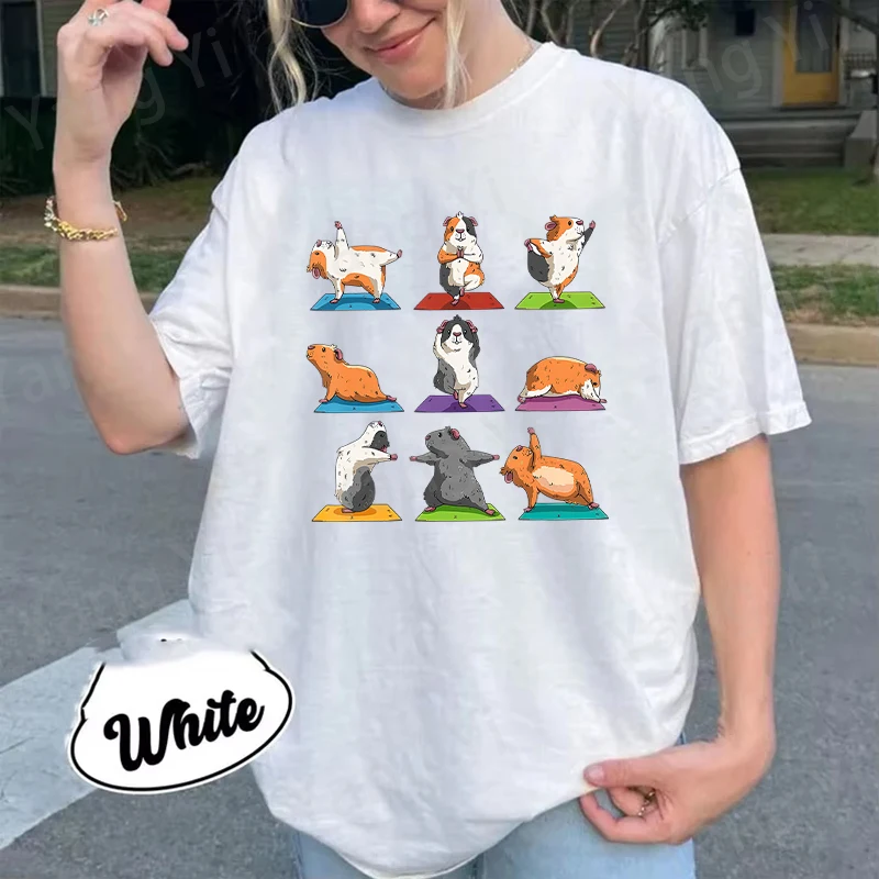 Guinea Pigs in Different Yoga Poses Graphic Short Sleeve T-shirt for Women Men Loose Cotton T-shirt Casual Summer Plus Size Top