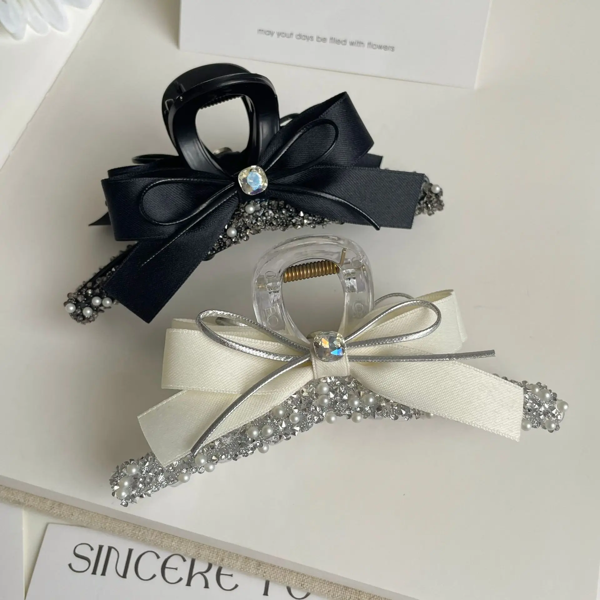 

1pc Silver Pearl Bow Shark Clip Elegant Hair Claw for Women Back of Head Bun Holder Autumn New Premium Daily