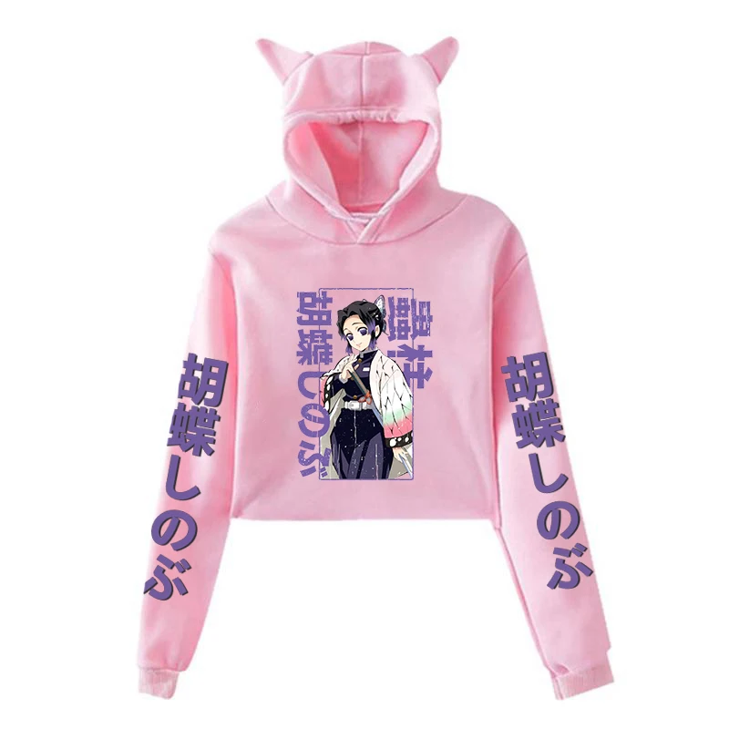 New Fashion Women Girl Cat Ear Anime Hoodies Funny Kochou Shinobu Printed Long Sleeve Loose Short Y2k Pullovers