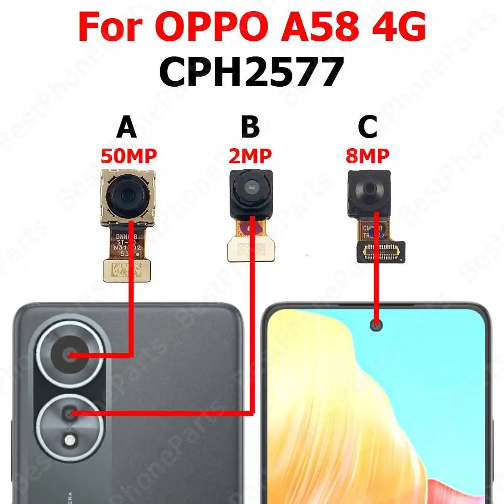 Rear Front Camera For OPPO A58 4G CPH2577 Backside Facing Frontal Selfie Back Camera Module Mobile Phone Parts