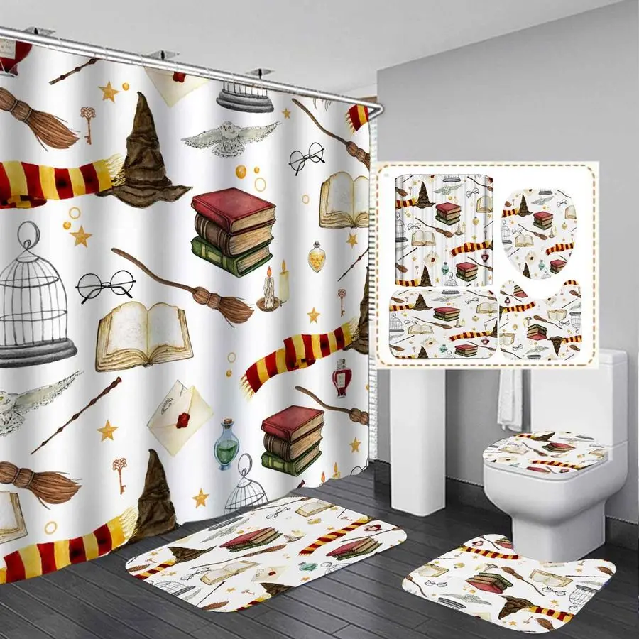 

4PCS Witchy Magical Halloween Shower Curtain Sets with Rugs, Waterproof Fabric White Shower Curtain, Funny Magic Book Wizard Hat