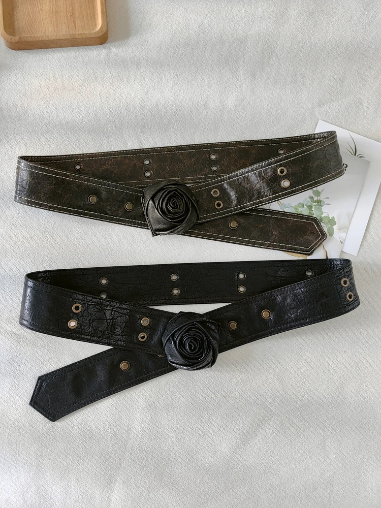 ローズフラワー斜めベルト女性のアメリカンパンクスタイルレトロ多用途装飾パンツスカート小さなY2Kウエストシール