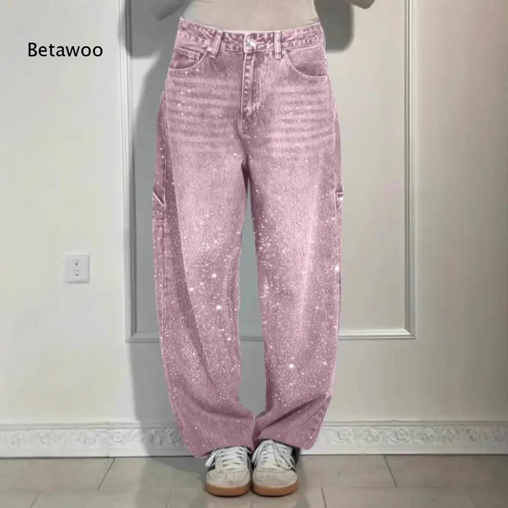 Vintage Black Wash Baggy Wide Leg Jeans All Over White Splash Star Print High Waist Loose Full Length Denim Trousers