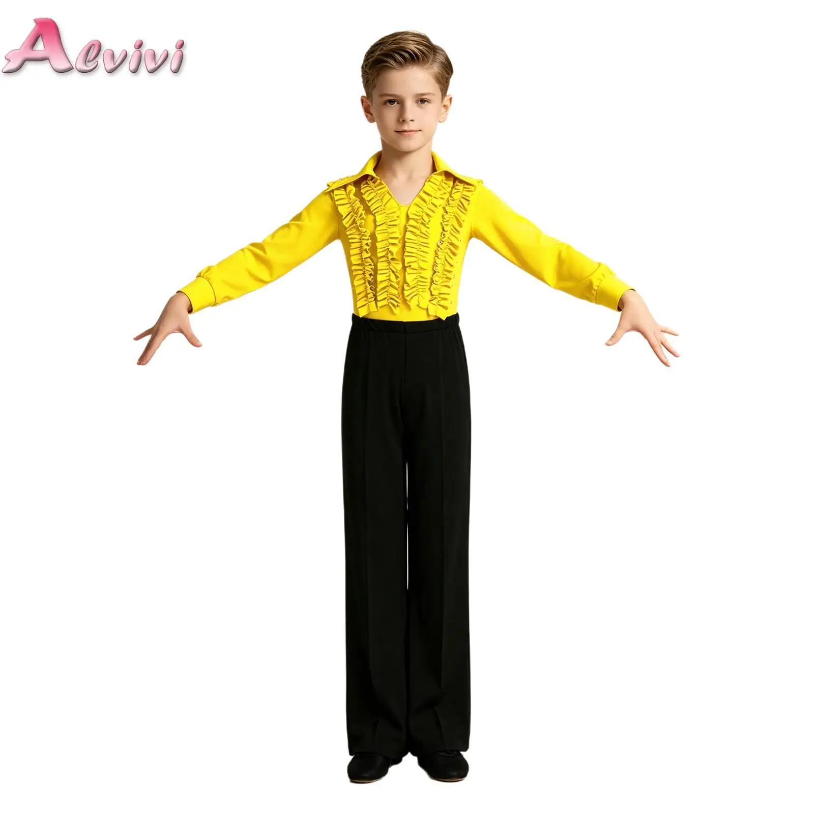 Kids Boys 2-piece Latin Dance Outfit Long Sleeve Ruffles Rhinestone Leotard with Pants for Rumba Tango Ballroom Performance