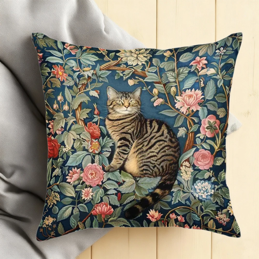 2D flat- Vintage William Morris Style Floral Cat Throw Pillow Cover Rustic Botanical Square Cushion Case
