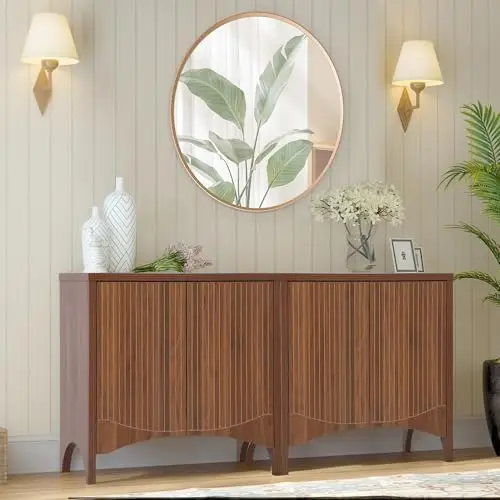 خزانة جانبية مخددة مع أرفف قابلة للتعديل، بوفيه بأربعة أبواب من خشب الجوز المقوس