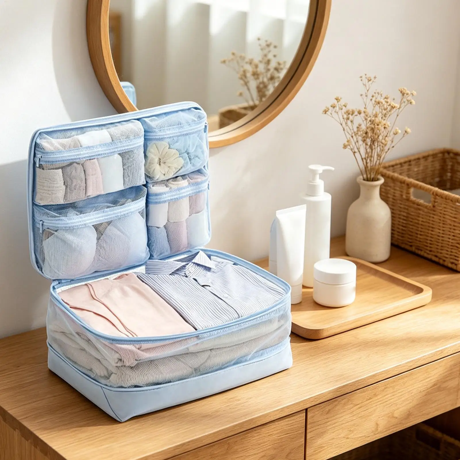 5-In-1 Compression Storage Organizer Bag Hangable 4 Compartment Layout Constructed Pouch,Machine Washable Textile Container Bag