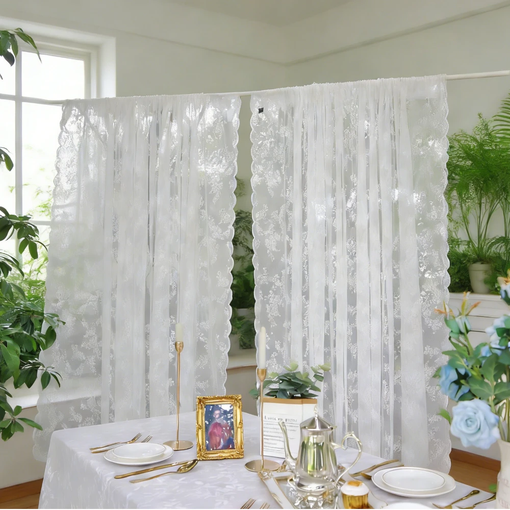 Vintage Floral Embroidery Clear Lace Curtain Panel Privacy & Light Filtering Machine Washable Sheer Rod Pocket Curtains