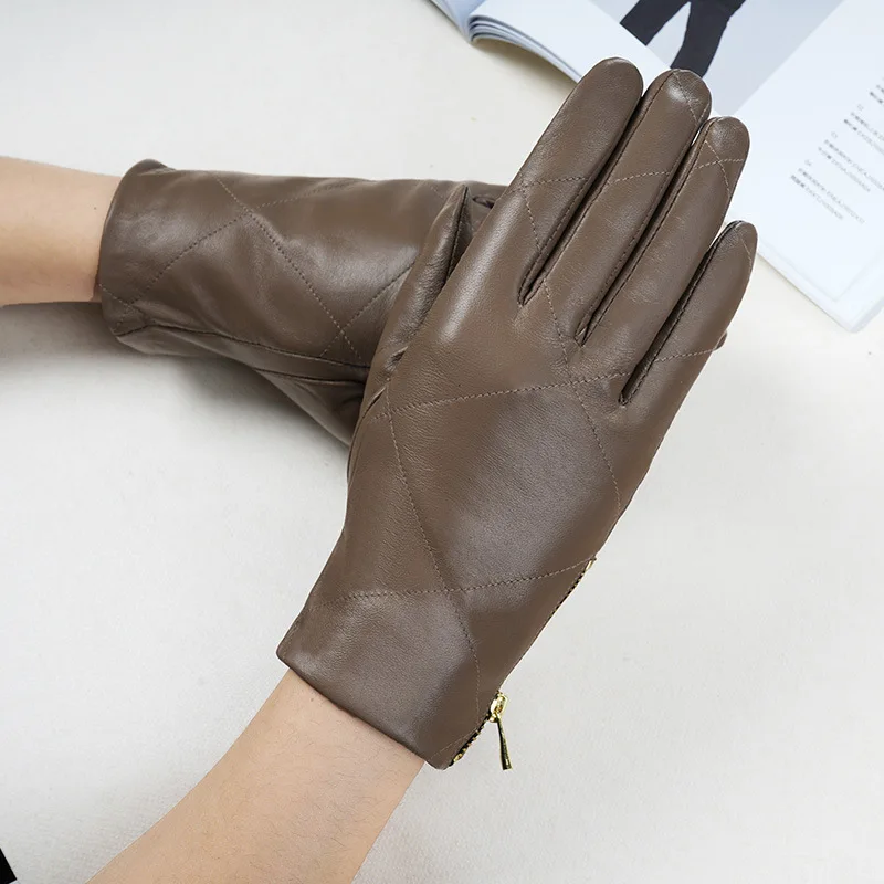 Genuine Leather Gloves Women Fashion Thin Style Zipper Decoration Riding Driving guantes mujer Stage Sheepskin Gloves