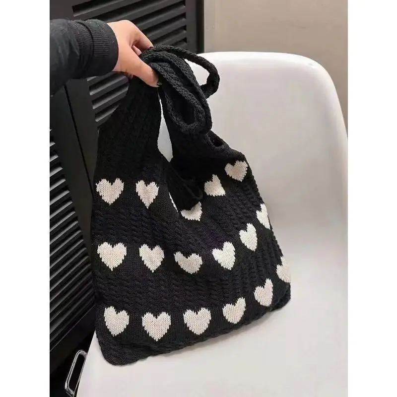 Women‘s 2026 New Handmade Woolen Knitted Bag Summer Love Heart Underarm Shoulder Bag Chic Casual Love Tote