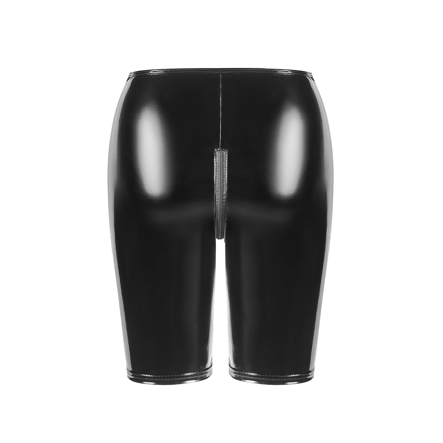 Sexy Black PVC Leather Open Crotch Shorts Women Exotic Bodycon Slim Faux Leather Skinny Shorts Wetlook Nightclub Wear