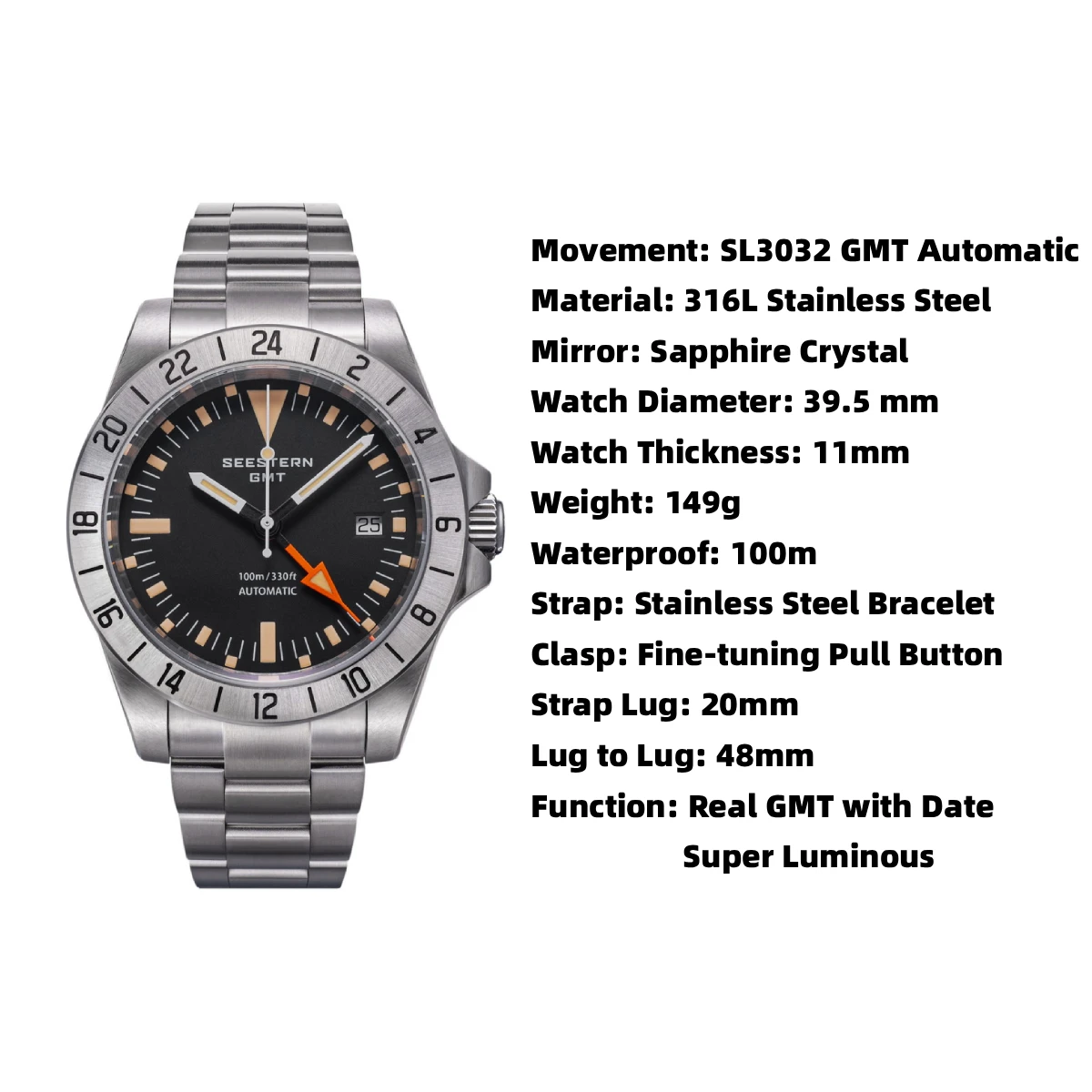 SEESTERN GMT Retro Watch for Men NH34 Automatic Movement