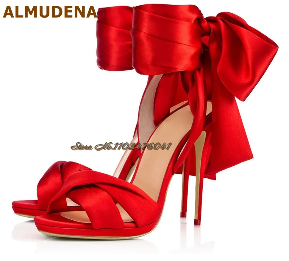 

ALMUDENA Red Satin Cloth Big Bowtie Sandals Stiletto Heels Silk Fabric Lace-up Butterfly-Knot Wedding Shoes Celebrity Stage Pump