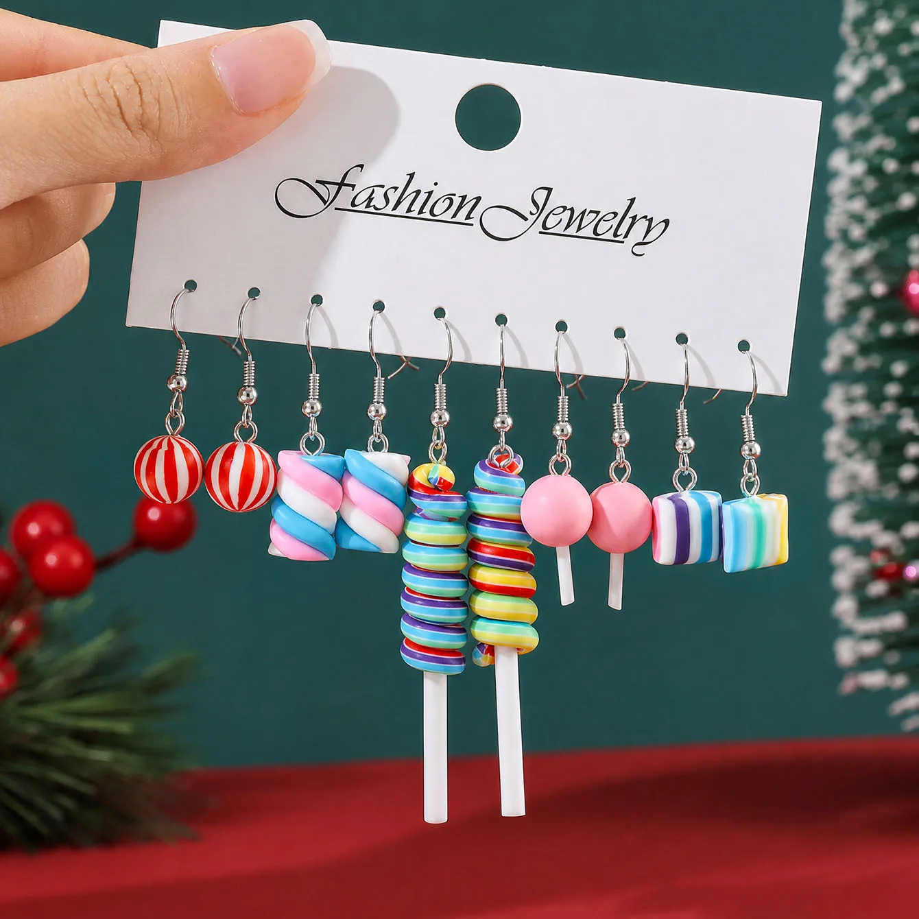 10pcs Western Christmas Polymer Clay Dangle Earring Set Gradient Rainbow Candy Cotton Lollipop Earrings For Women