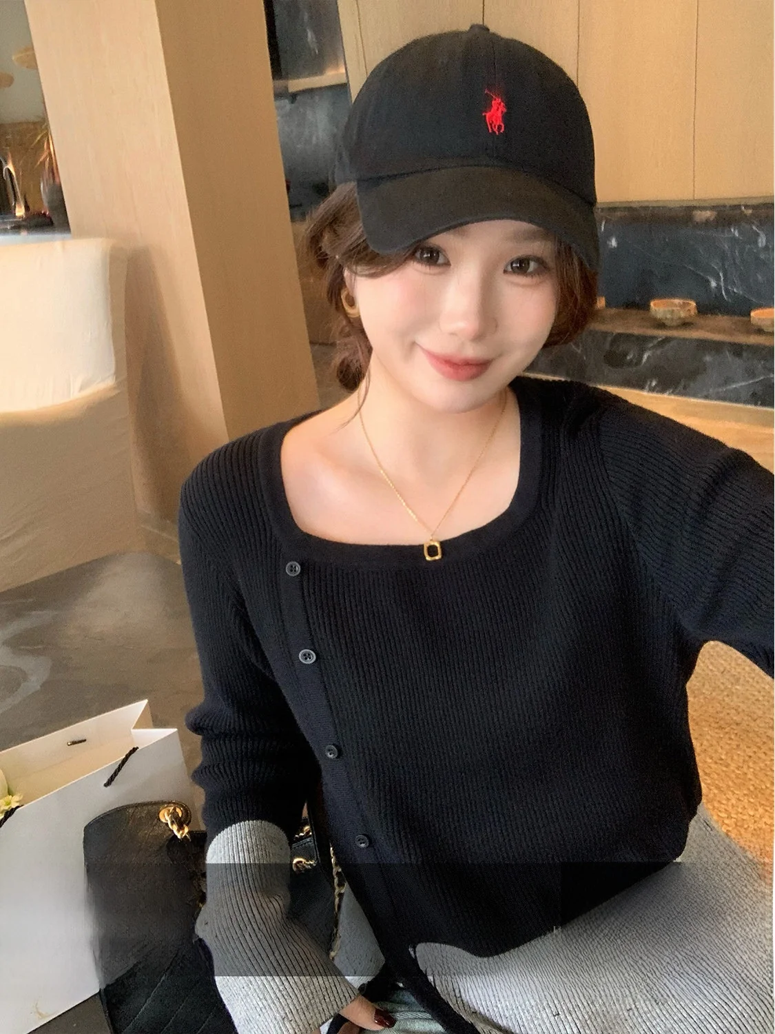 

plus Size Women's Knitted Wool Blend Sweater Square Collar Split Casual Sle Spring Faion Ele Fake Two-Piece Top