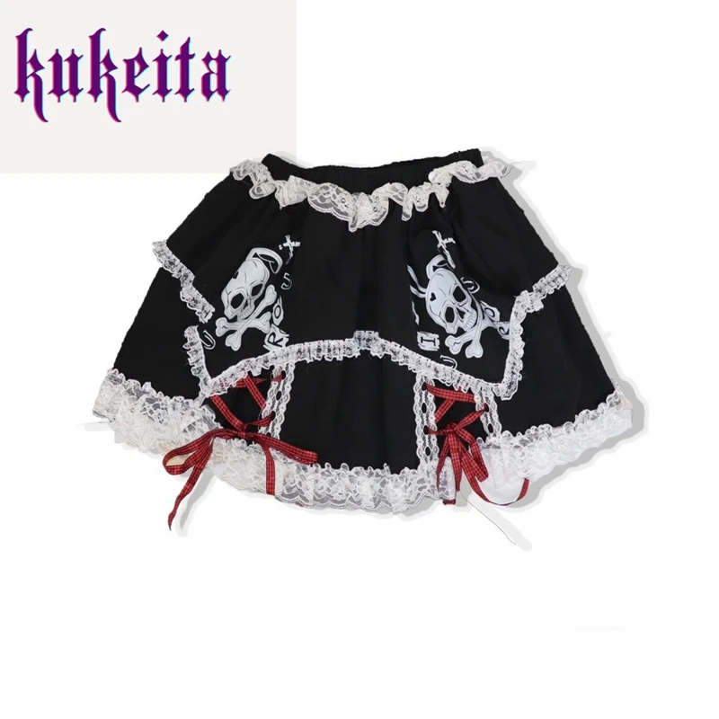 Harajuku Gothic Lolita Cake Mini Skirts Japanese Harajuku Girls Cute Ball Gown Lace-up Lace Kawaii Skull Print Black Short Skirt