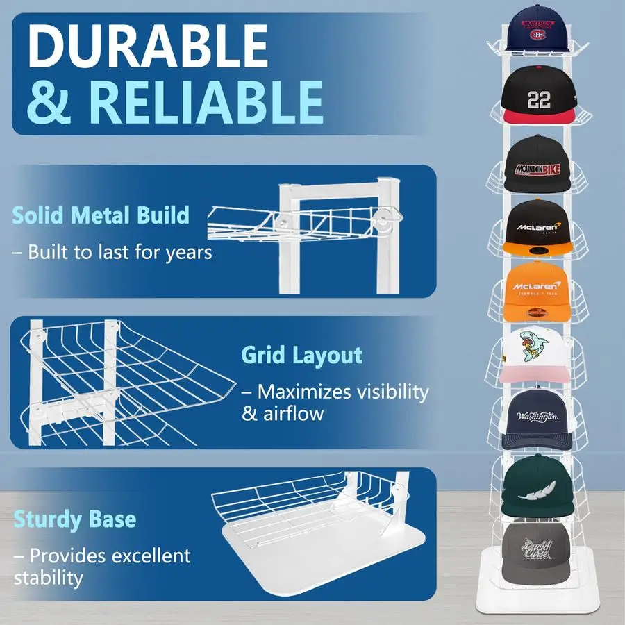 عرض 9 طبقات، حامل القبعة يصل إلى 70 قبعة، حامل القبعات المعدنية للقبعات المتعددة، عرض القبعات التجارية للبيع بالتجزئة، أبيض