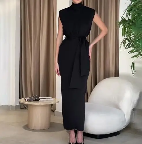 

Fashionable Round Neck Sleeveless Zipper Slim Fit Split Dress for Summer Ladies, Elegant and High-End Lace Up Sleeveless Dress