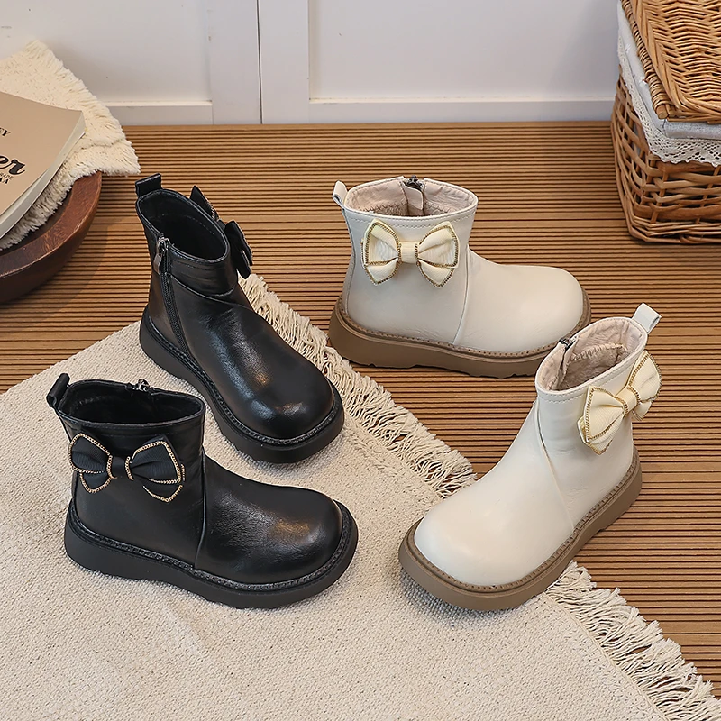 Kid's Shoes Girls' Korean Style Butterfly Bowknot Short Boots 2026 Velvet Lined Warm Thick Bottom Simple Children's Shoes 26-36