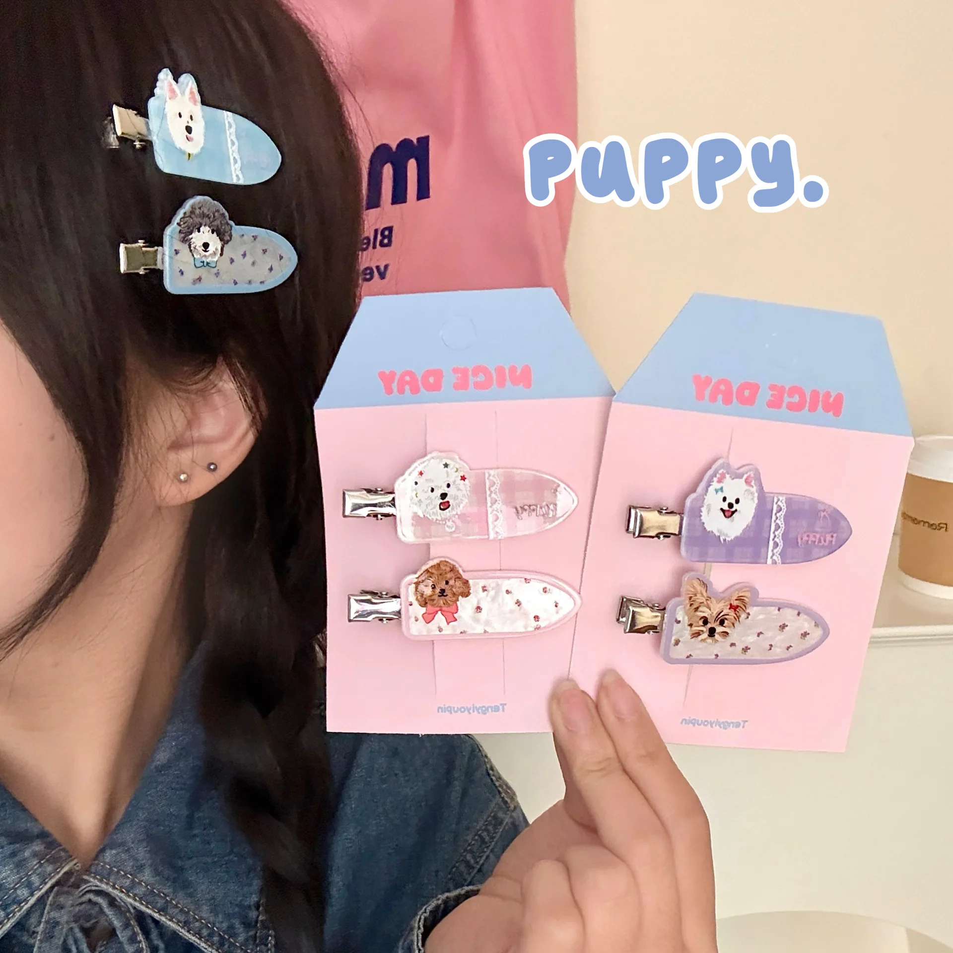 2pcs/set Cute Puppy Hair Side Clips Sweet Adorable Seameless Bangs Clip Trendy Duckbill Clips Hair Accessories for Women Girls