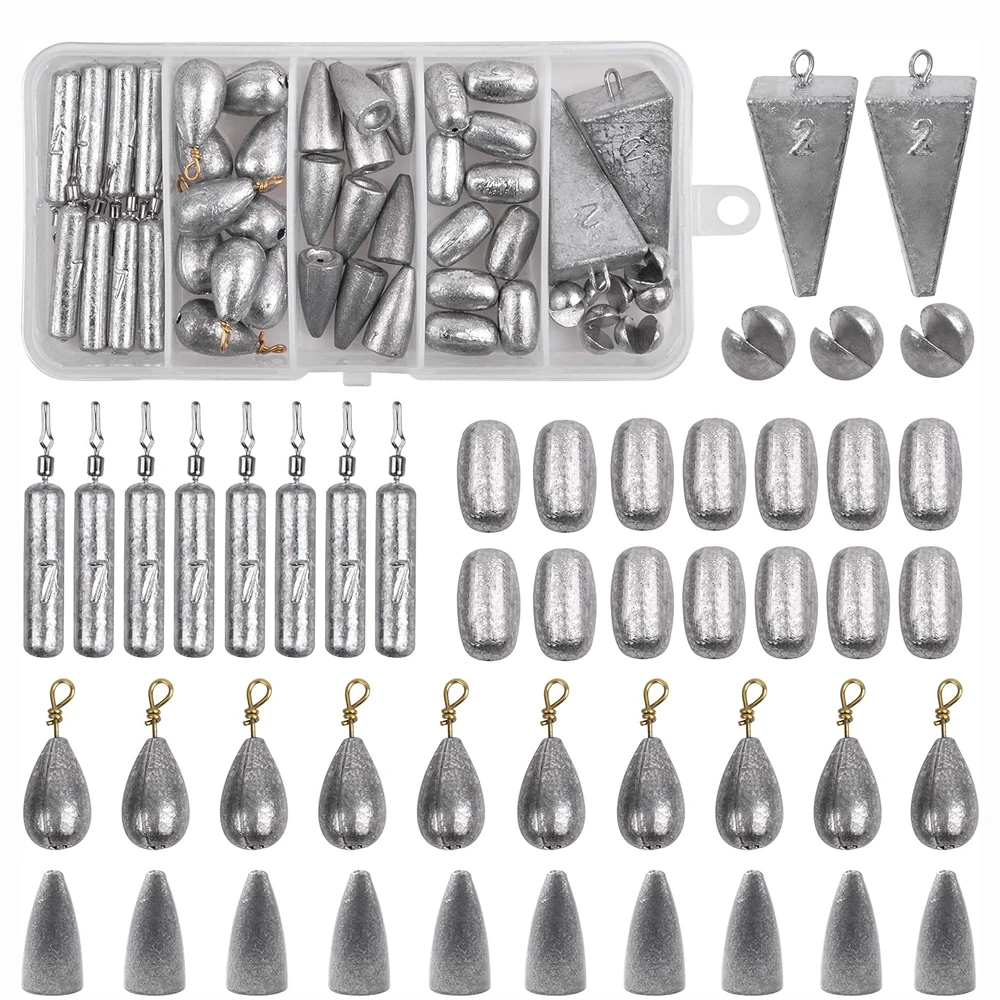 56Pcs Fishing Sinkers Weights Kit Pyramid Sinkers Drop Shot Weights Texas Split Shot Weights for Catfish Bass Fishing Tackle