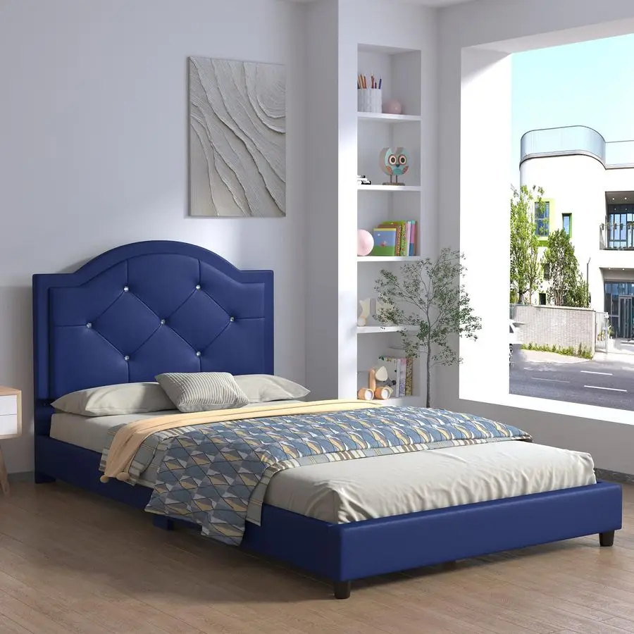 

Bed Frame, PVC Leather Twin Childrens Toddler Bed with Solid Wood Modern Twin Size Bed for Kids Blue